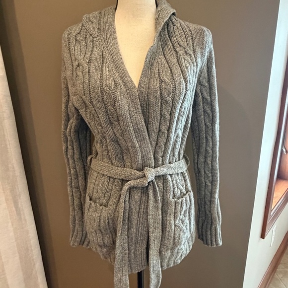 Abercrombie & Fitch Sweaters - Abercrombie & Fitch Y2K Hooded Lambswool Brown Cardigan with Tie, Size Medium